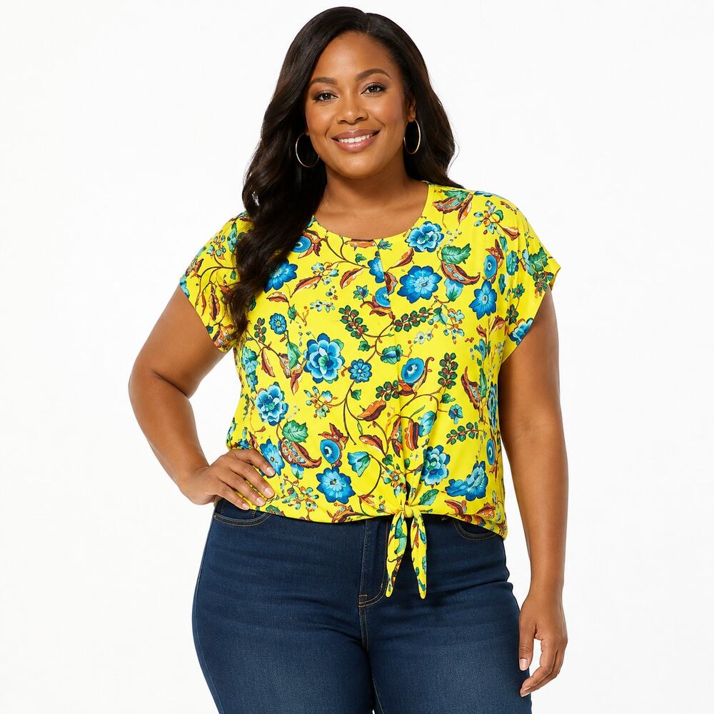 Piphany Women’s XL Yellow Floral Blouse Short Sleeve Front Tie Bird Print Top